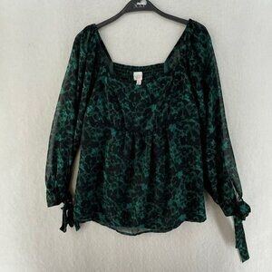 Isabel Maternity Blouse Shirt Women's Sz S Green Black Floral Tie Cuffs Sheer